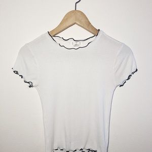 white basic tee with black ruffles